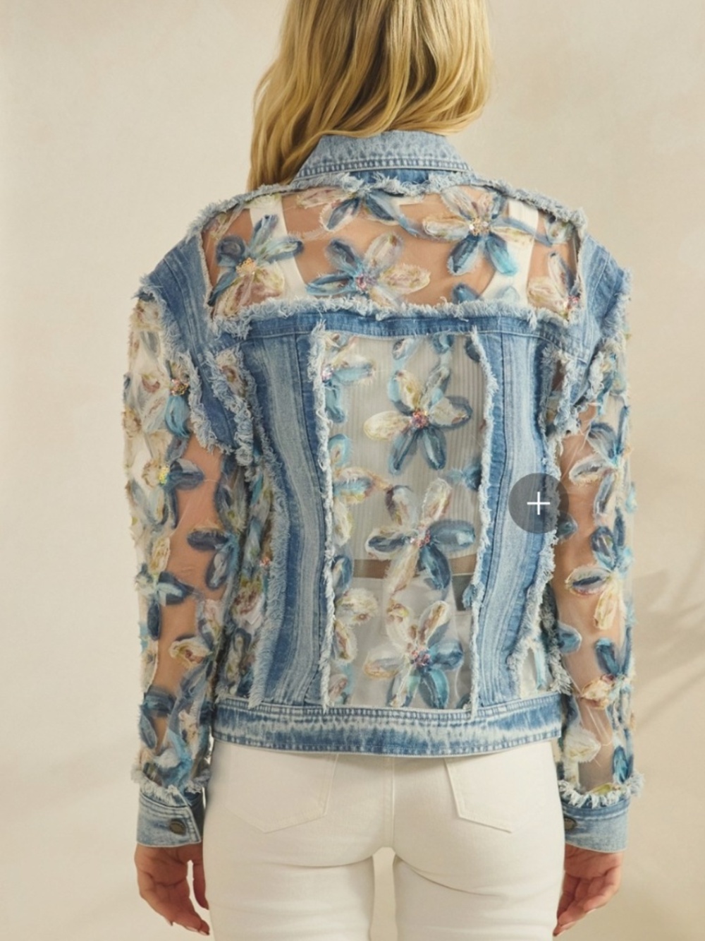 Western Floral Lace Appliqué Semi Sheer Button Down Frayed Jacket - Picture 7 of 13